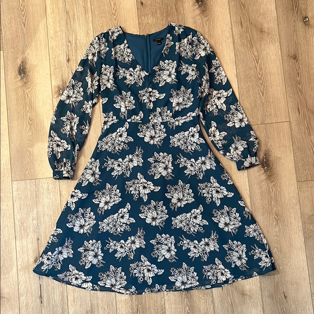 Ann Taylor - long, sheer sleeve, full skirt, lined teal colored floral dress. 4.
